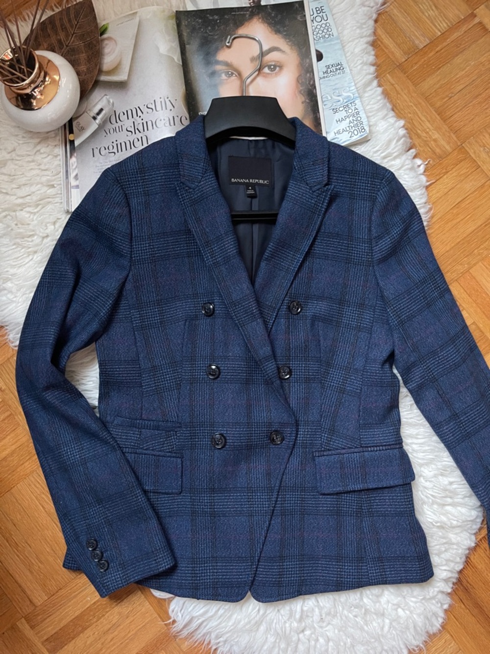 NEW Banana Republic Blue Plaid Double-Breasted Blazer Wool Blend - Picture 4 of 13